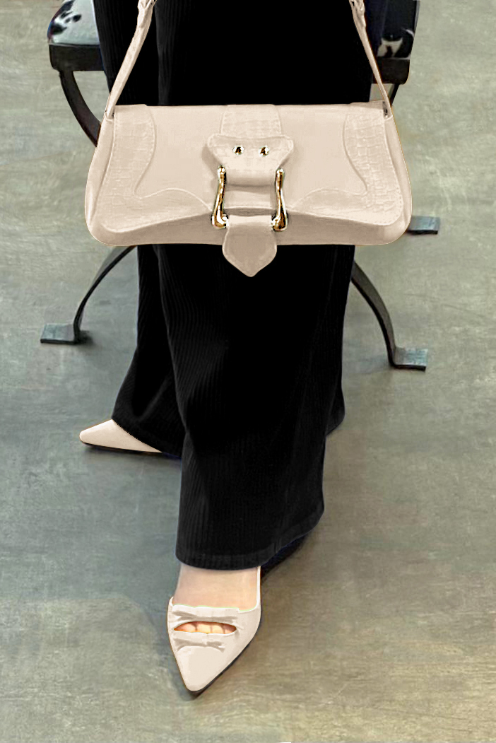 Dress small handbag in egg shell beige leather - Worn view